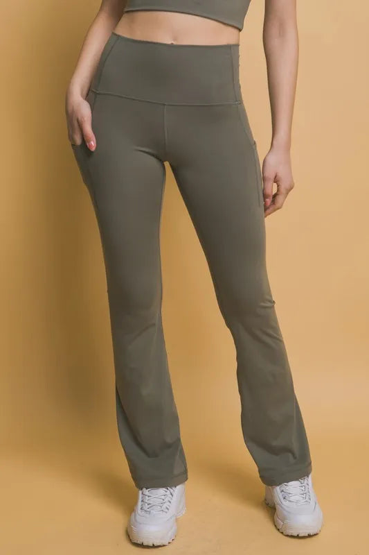 Love Tree High Waist Flare Active Leggings with Side Pockets Moss Easy Apparels