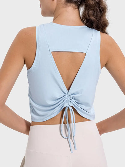 Millennia Drawstring Cutout Round Neck Active Tank Easy Apparels