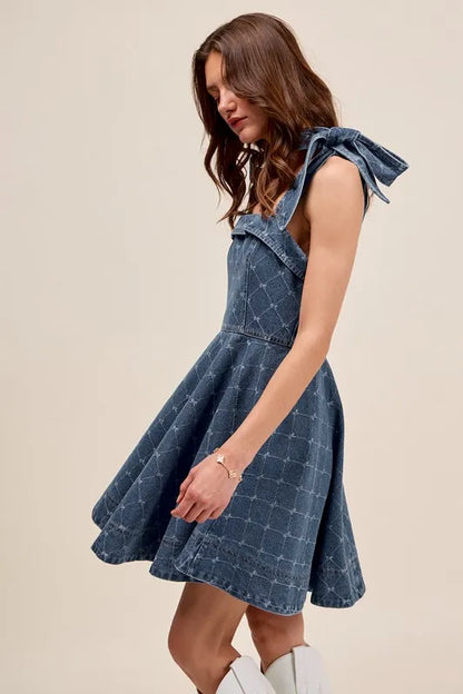 SO ME A Line Fit and Flare Diamond Bow Ribbon Denim Dres Easy Apparels