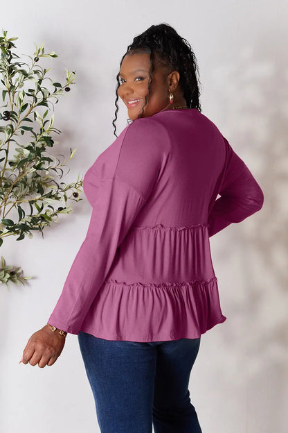 Trendsi Double Take Half Button Long Sleeve Ruffle Hem Blouse