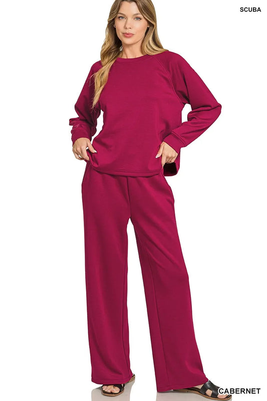 Zenana Scuba Crewneck Sweatshirt and Pants Set CABERNET Easy Apparels
