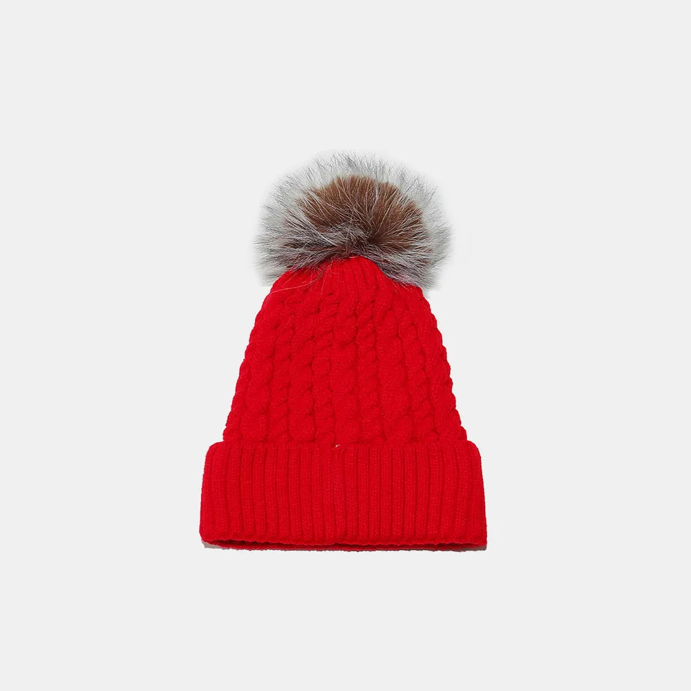 Cable Knit Winter Hat with Pompom Deep Red One Size Easy Apparels