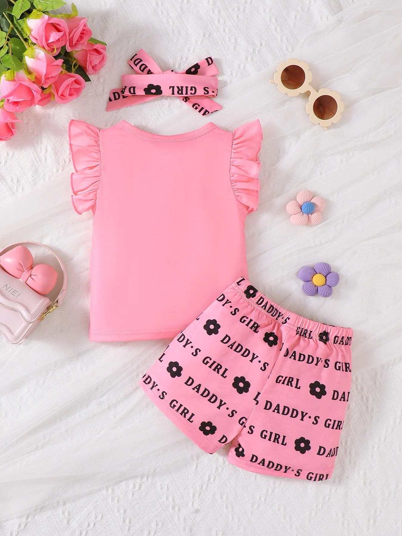 Children's Headband Letter Ruffle Sleeve Top and Shorts 3-Piece Set Easy Apparels