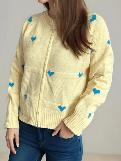 Heart Round Neck Zip Up Cardigan Easy Apparels