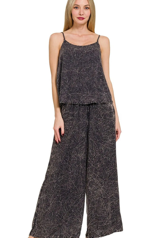 Zenana Woven Acid Crinkle Washed Cami & Pants 2 Piece Set ASH BLACK Easy Apparels