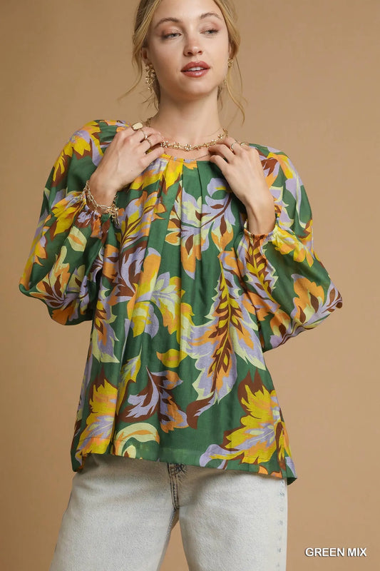 Trendsi Umgee Mix Abstract Print Balloon Sleeve Blouse GREEN MIX