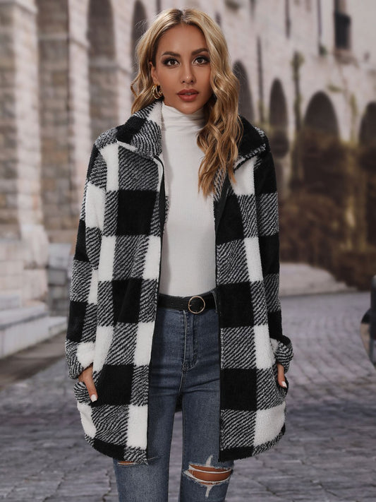 Plaid Collared Neck Coat with Pockets Black Easy Apparels