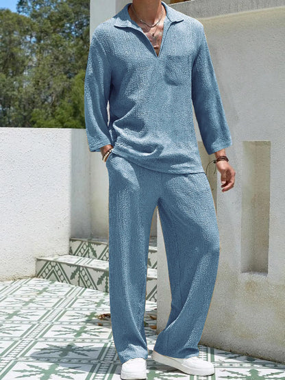Men's Plus Size Long Sleeve Top and Pants Set Lake Blue Easy Apparels