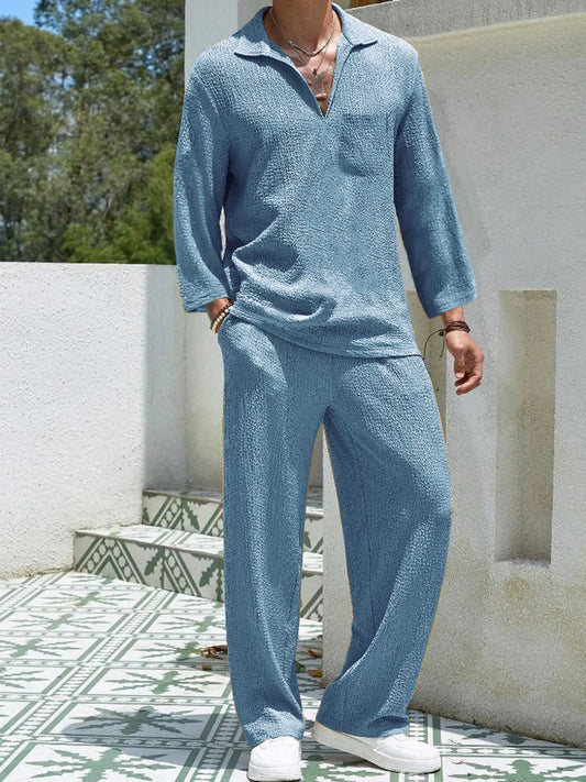 Men's Plus Size Long Sleeve Top and Pants Set Lake Blue Easy Apparels