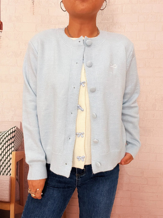 Button-Up Long Sleeve Cardigan Blue One Size Easy Apparels