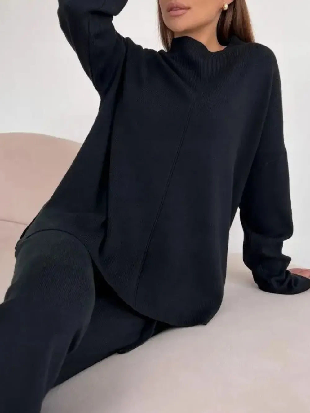 Slit Mock Neck Top and Pants Sweater Set Easy Apparels