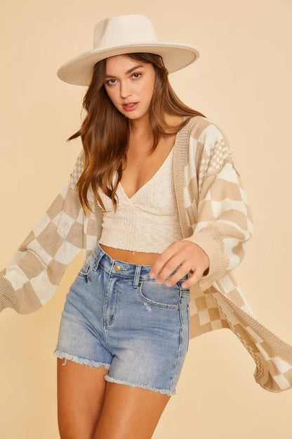 Trendsi Annie Wear Checkered Open Front Drop Shoulder Cardigan