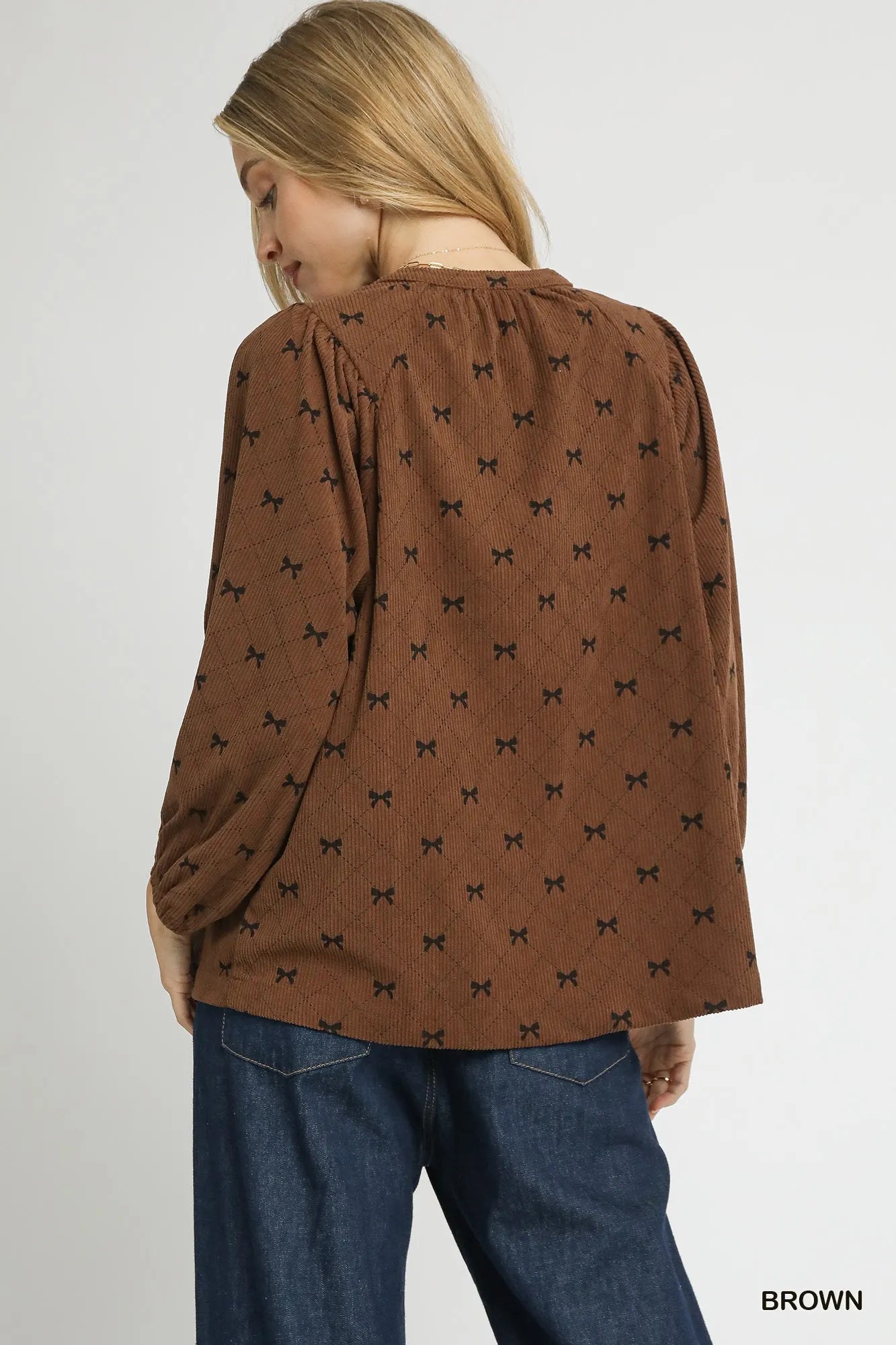 Trendsi Umgee Corduroy Bow Print Balloon Sleeve Blouse