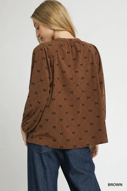 Trendsi Umgee Corduroy Bow Print Balloon Sleeve Blouse