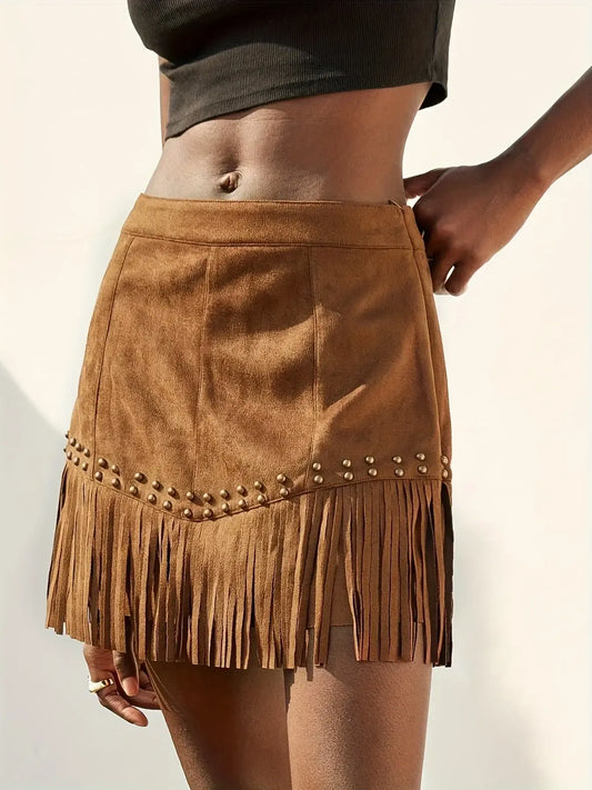 Trendsi Studded Fringe Mini Skirt Light Brown