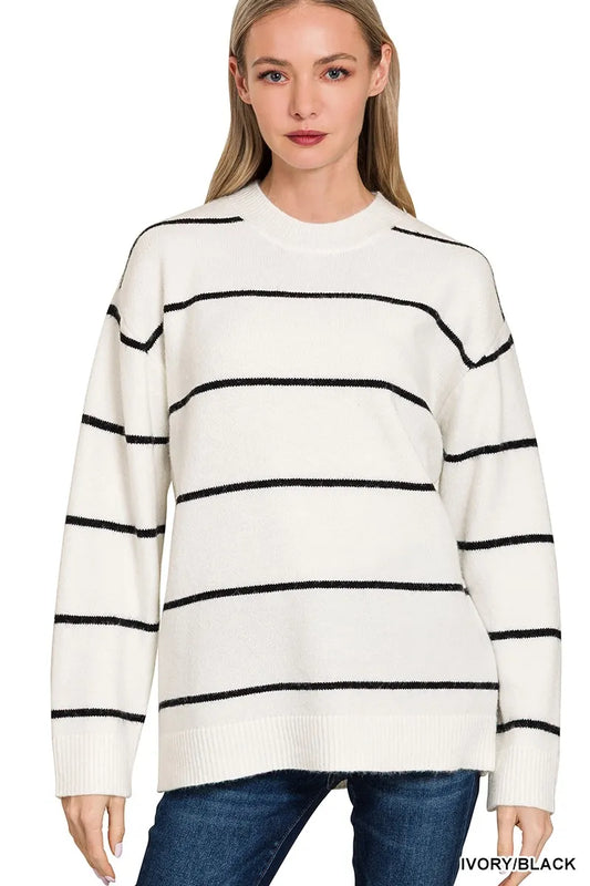 Trendsi Zenana Round Neck Stripe Sweater IVORY BLACK