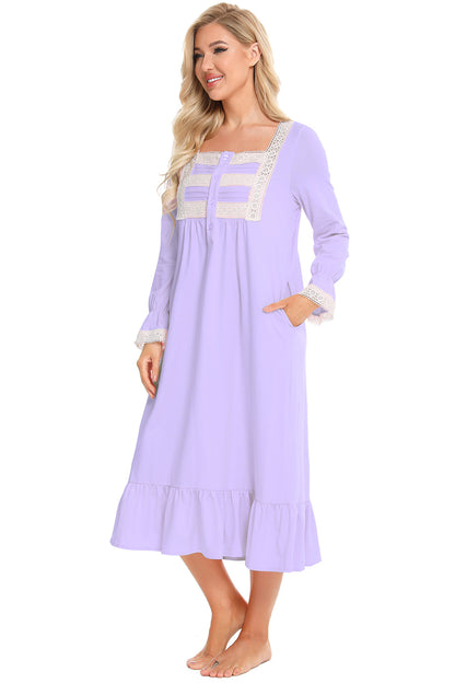 Lace Detail Square Neck Flounce Sleeve Night Dress Easy Apparels