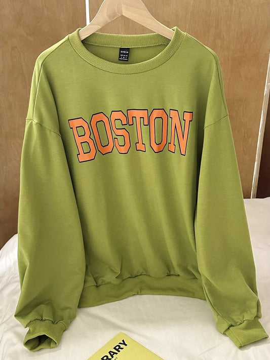 Men's Boston Graphic Oversized Crewneck Sweatshirt Green Easy Apparels