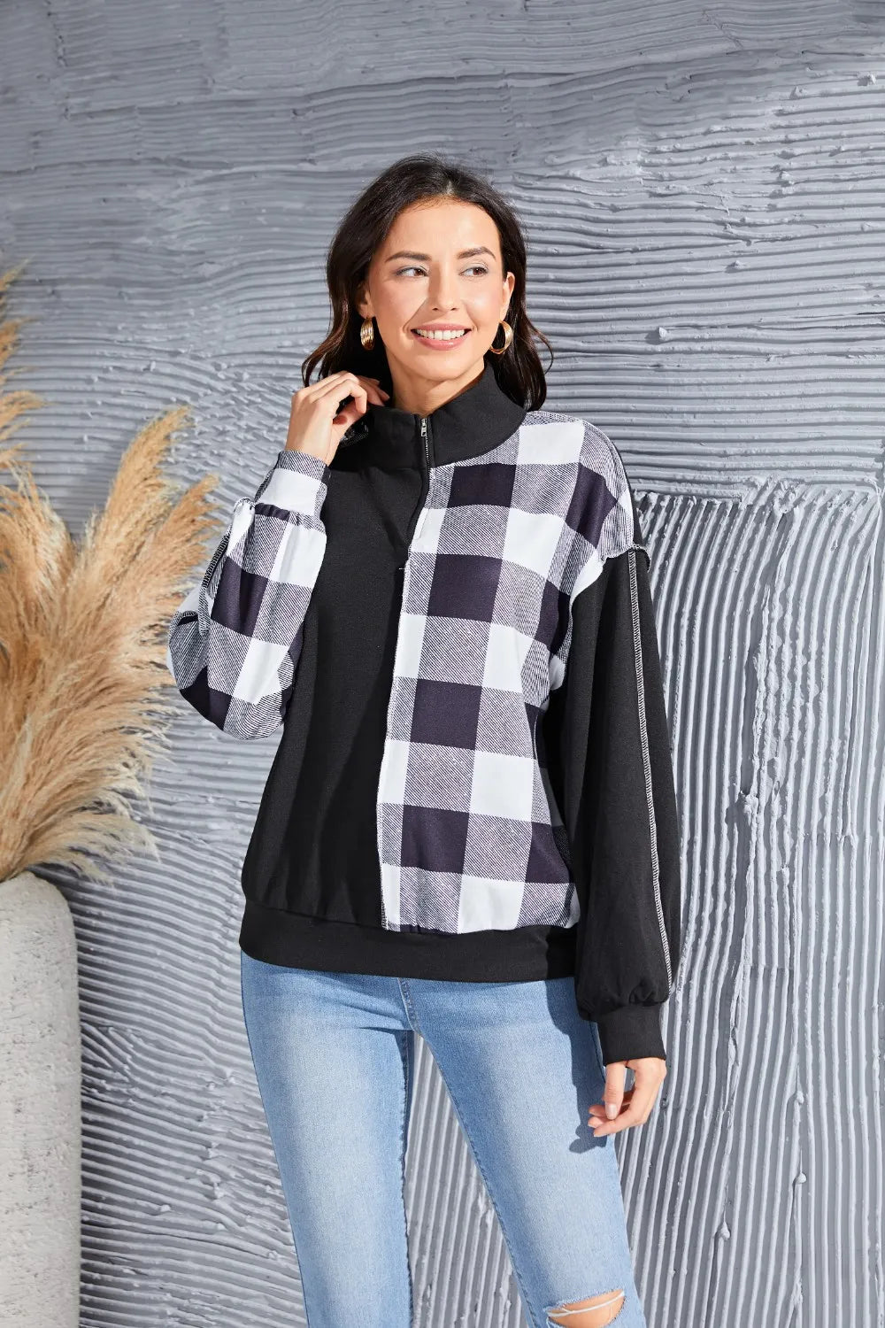 Trendsi Plaid Exposed Seam Long Sleeve Blouse