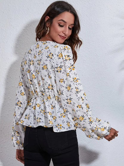 Trendsi Floral V-Neck Balloon Sleeve Peplum Blouse