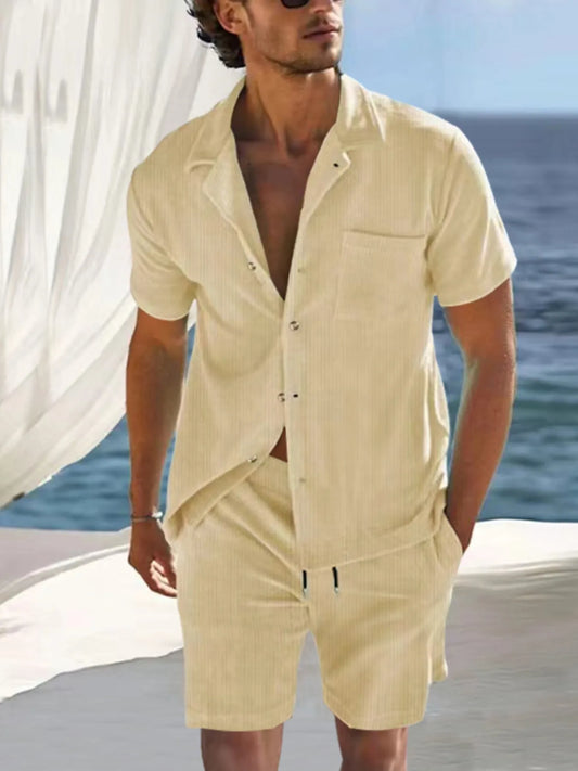 Men's Full Size Button Detail Short Sleeve Top and Shorts Set Plus Size Khaki Easy Apparels