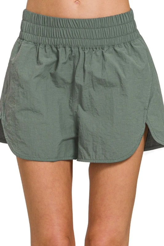 Zenana Windbreaker Smocked Waistband Running Shorts ASH JADE Easy Apparels