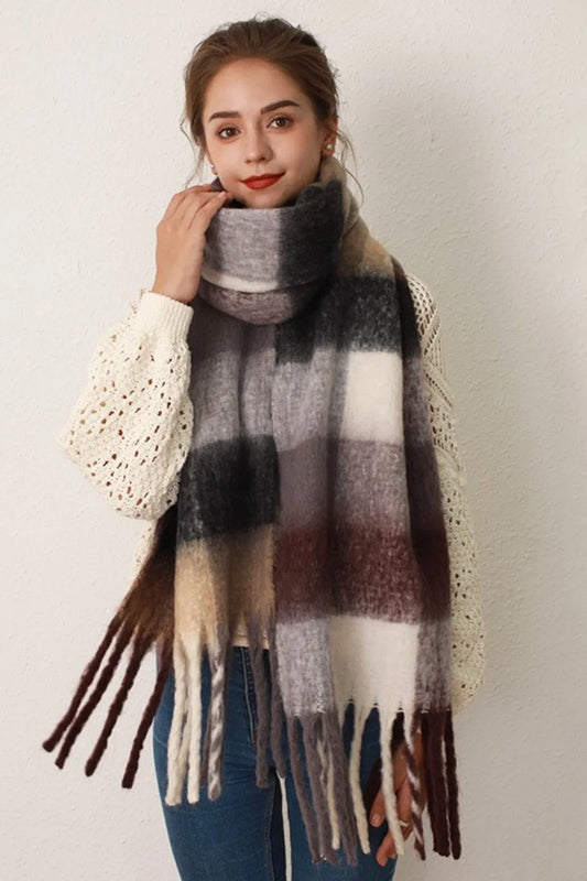 Thermal Fringe Contrast Plaid Scarf Gray Brown grid One Size Easy Apparels