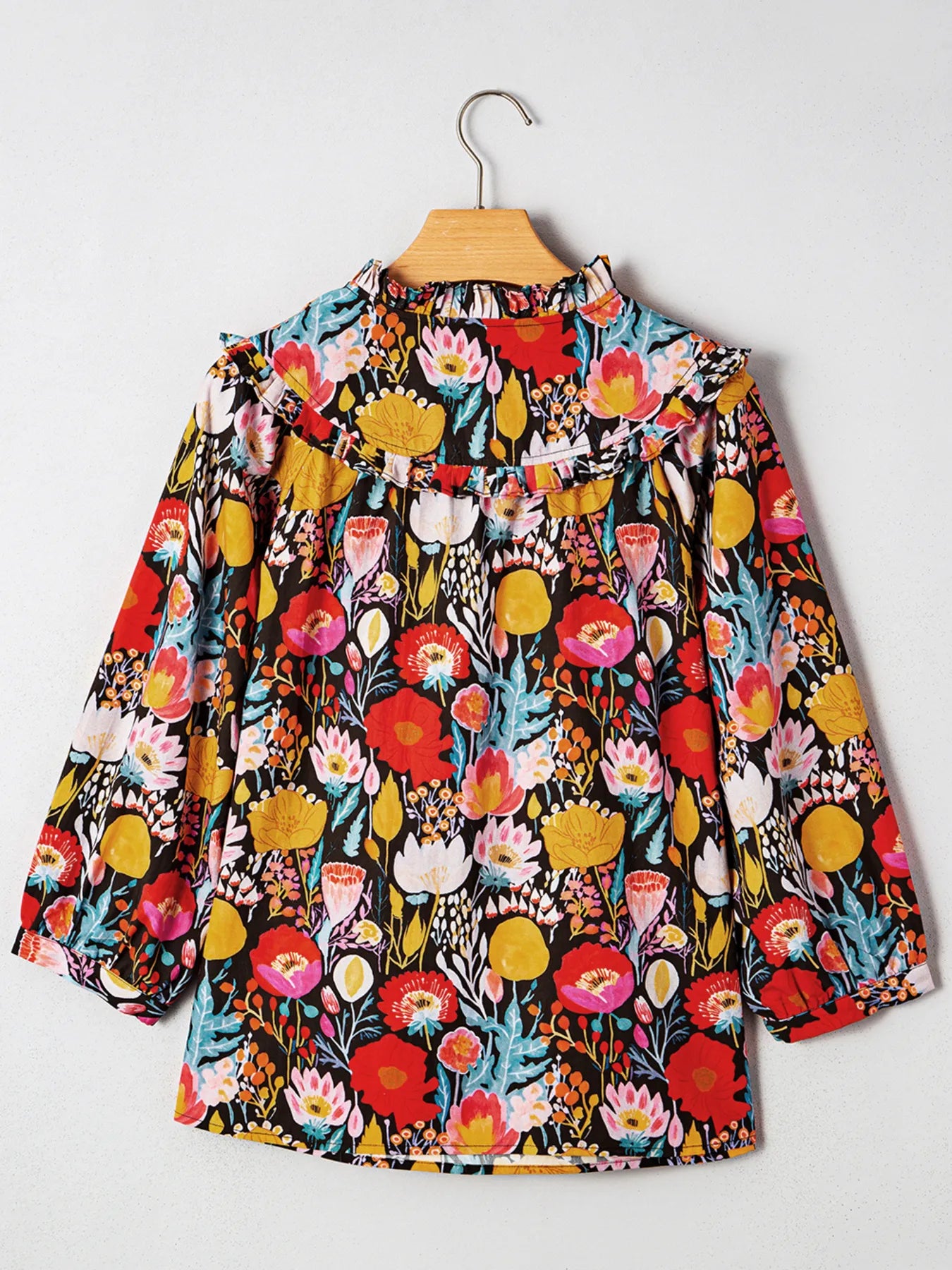 Trendsi Floral 3/4 Puff Sleeve Tied Neck Blouse