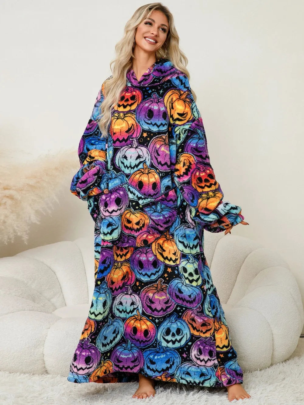 Fuzzy Pocketed Long Sleeve Hooded Lounge Dress Easy Apparels