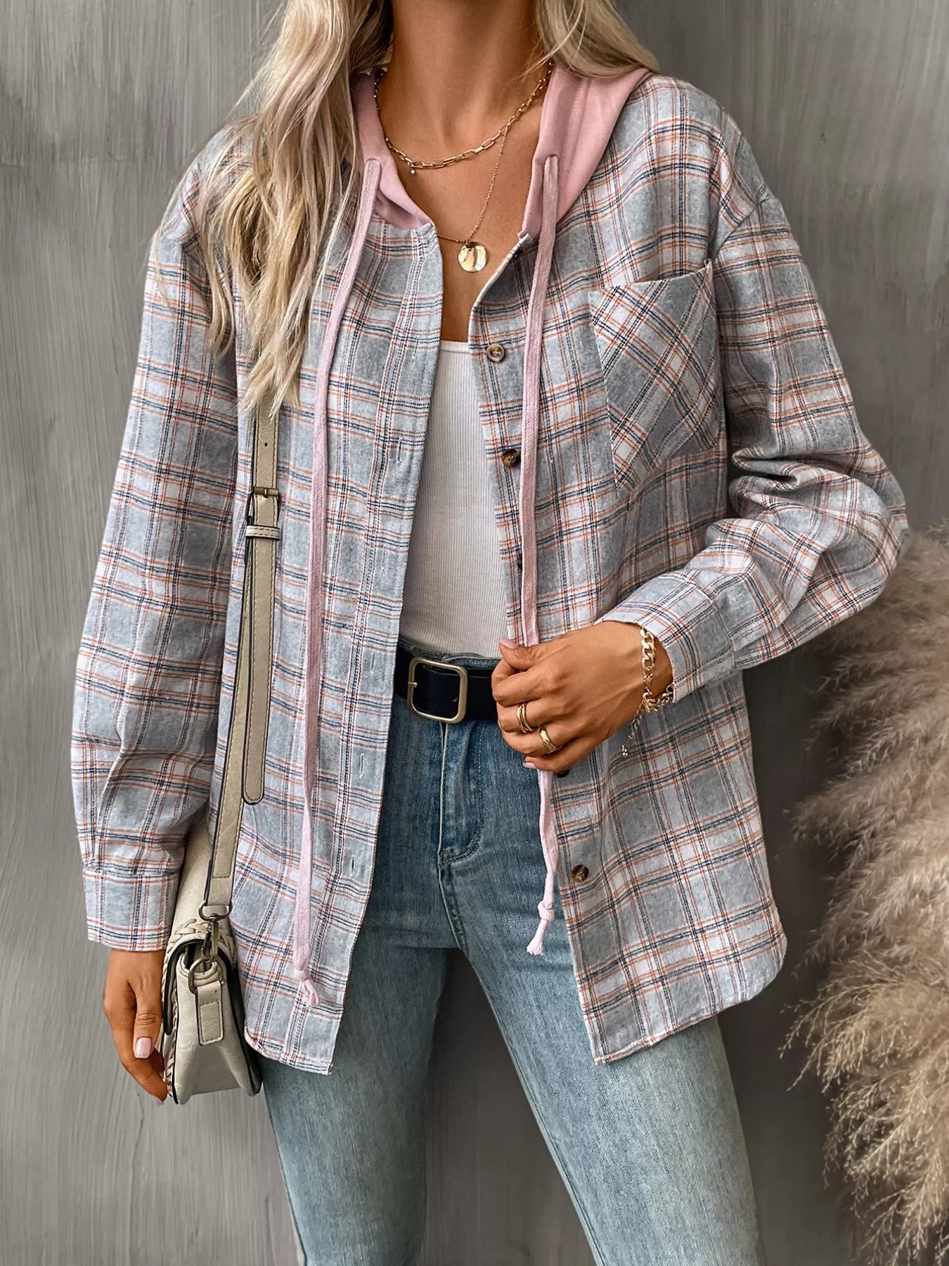 Trendsi Plaid Button-Up Hooded Shirt