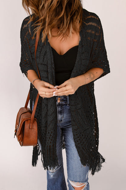 Fringe Hem Slit Open Front Cardigan Easy Apparels