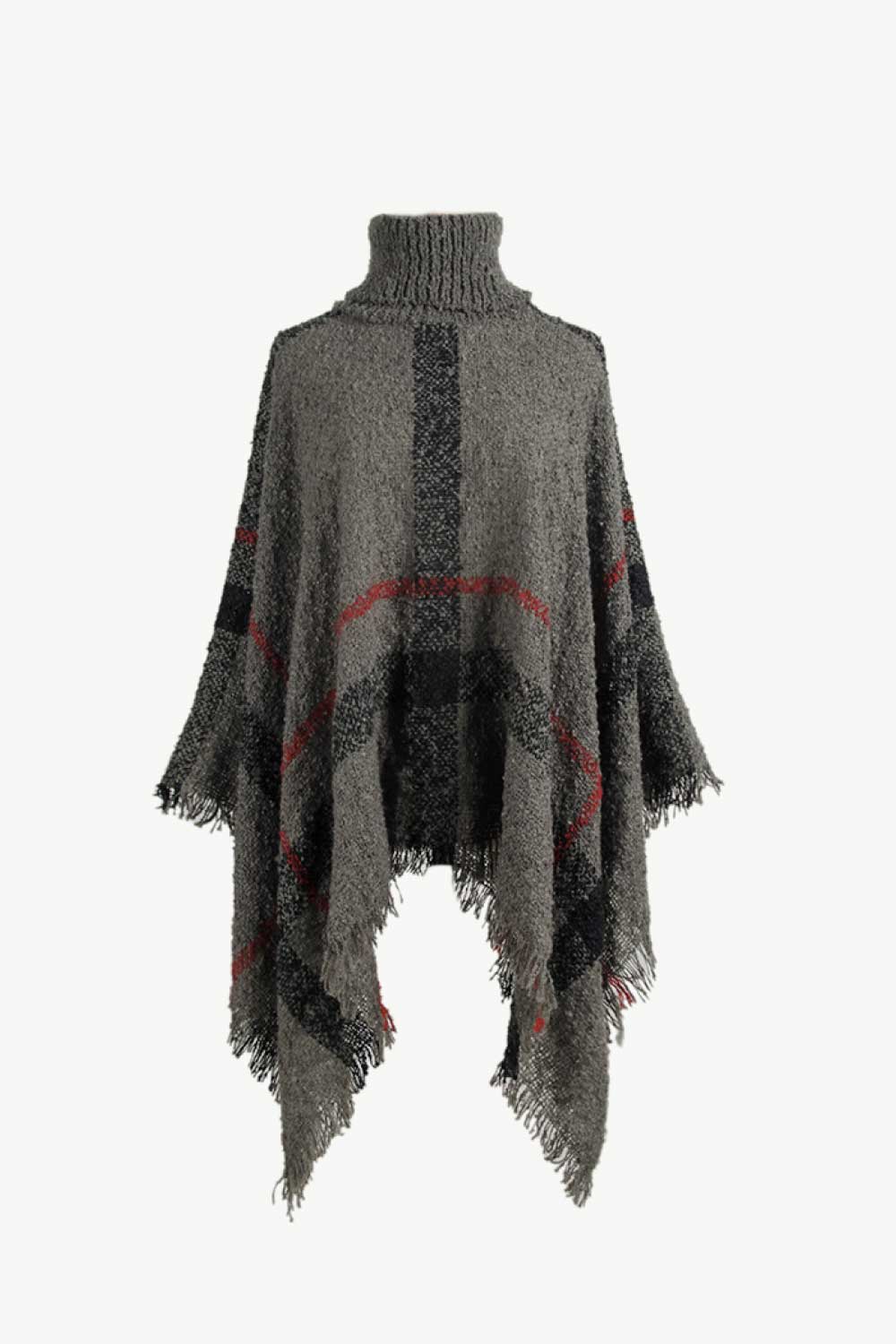 Plaid Turtleneck Raw Hem Poncho Charcoal One Size Easy Apparels