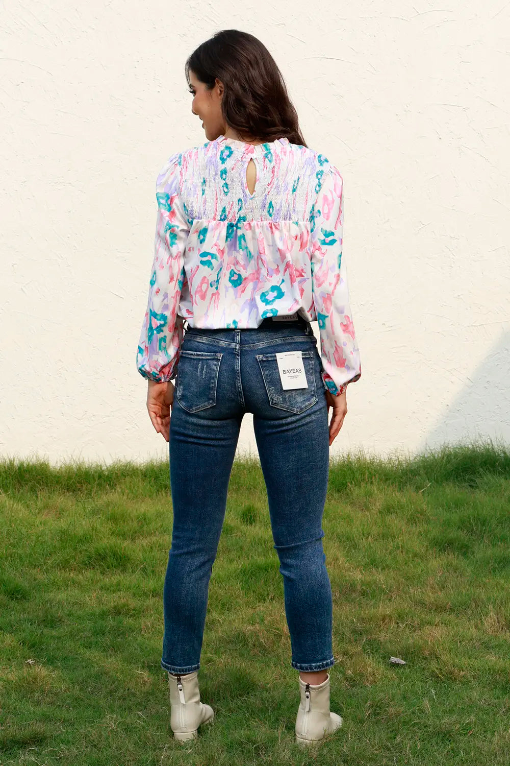 Trendsi Floral Smocked Balloon Sleeve Round Neck Blouse