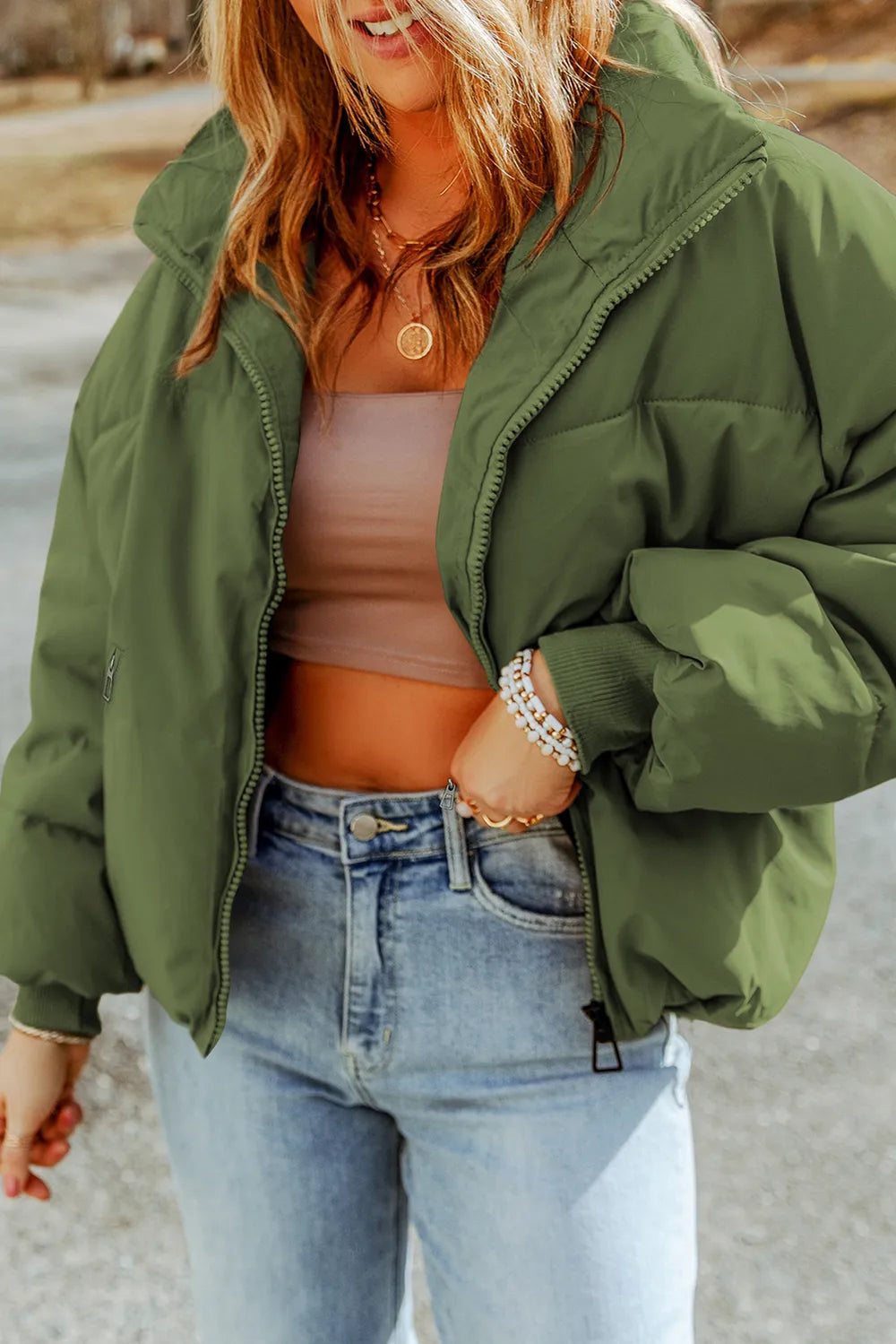 Zip Up Collared Neck Coat with Pockets Easy Apparels