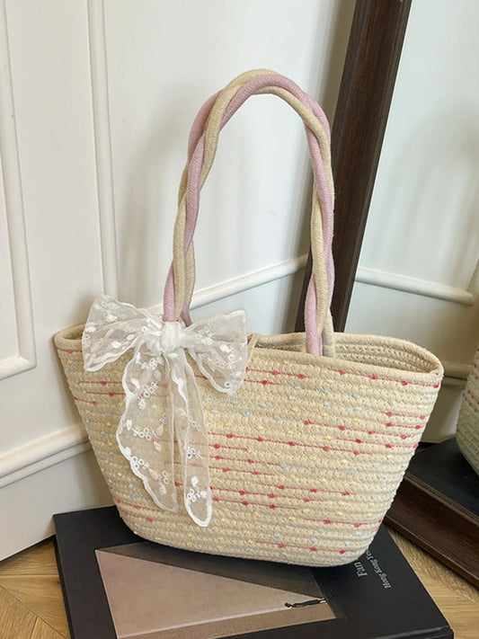 Woven Straw Shoulder Bag with Lace Bow Detail Beige One Size Easy Apparels