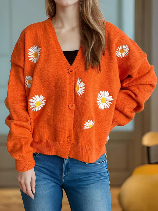 Daisy Button Up V-Neck Cardigan Orange One Size Easy Apparels