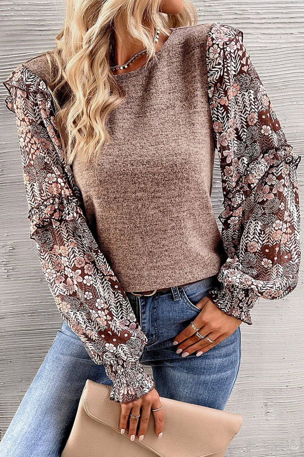 Trendsi Heathered Floral Frill Lantern Sleeve Blouse Khaki