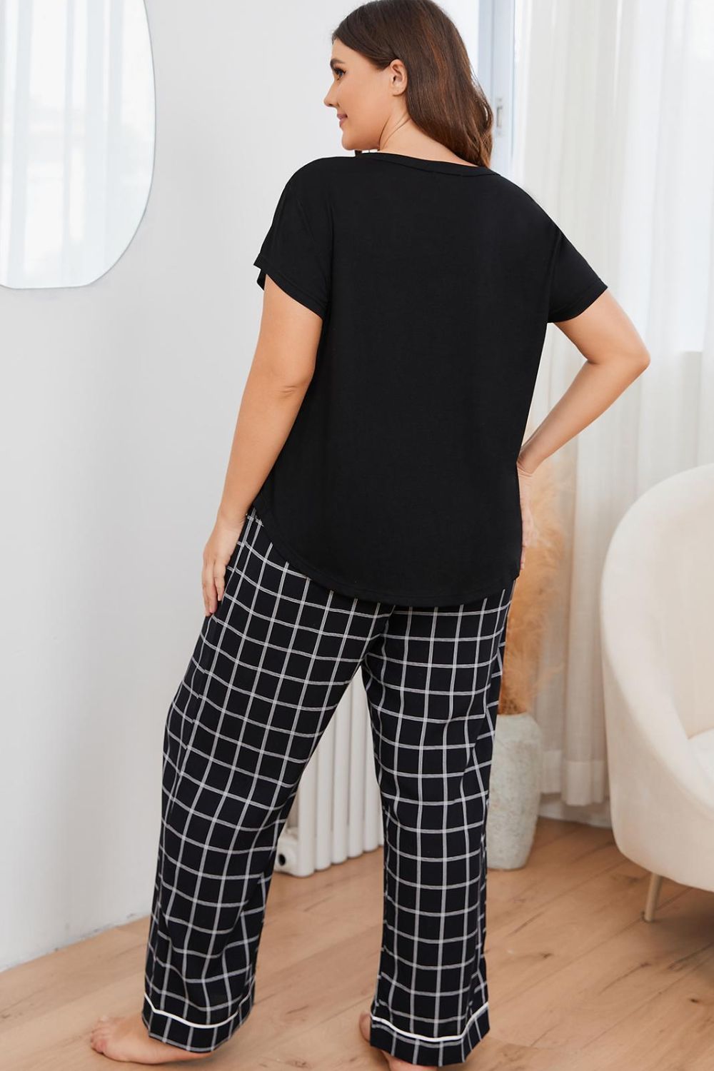 Plus Size V-Neck Top and Plaid Pants Lounge Set Easy Apparels