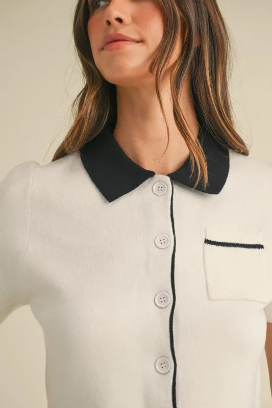 MABLE Button Down Contrast Collared Knit Cardigan Easy Apparels