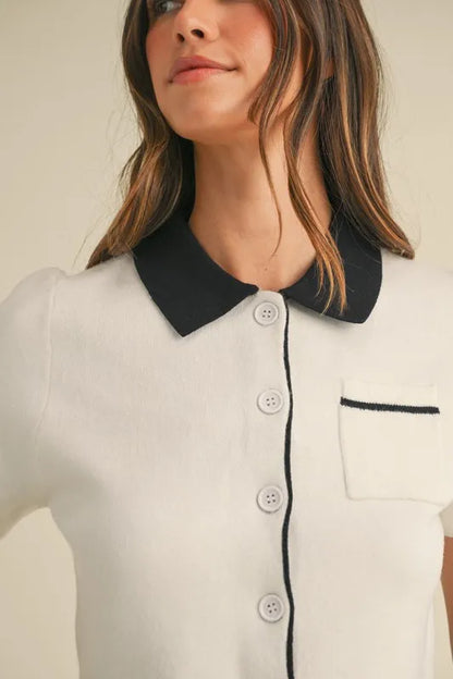 MABLE Button Down Contrast Collared Knit Cardigan Easy Apparels