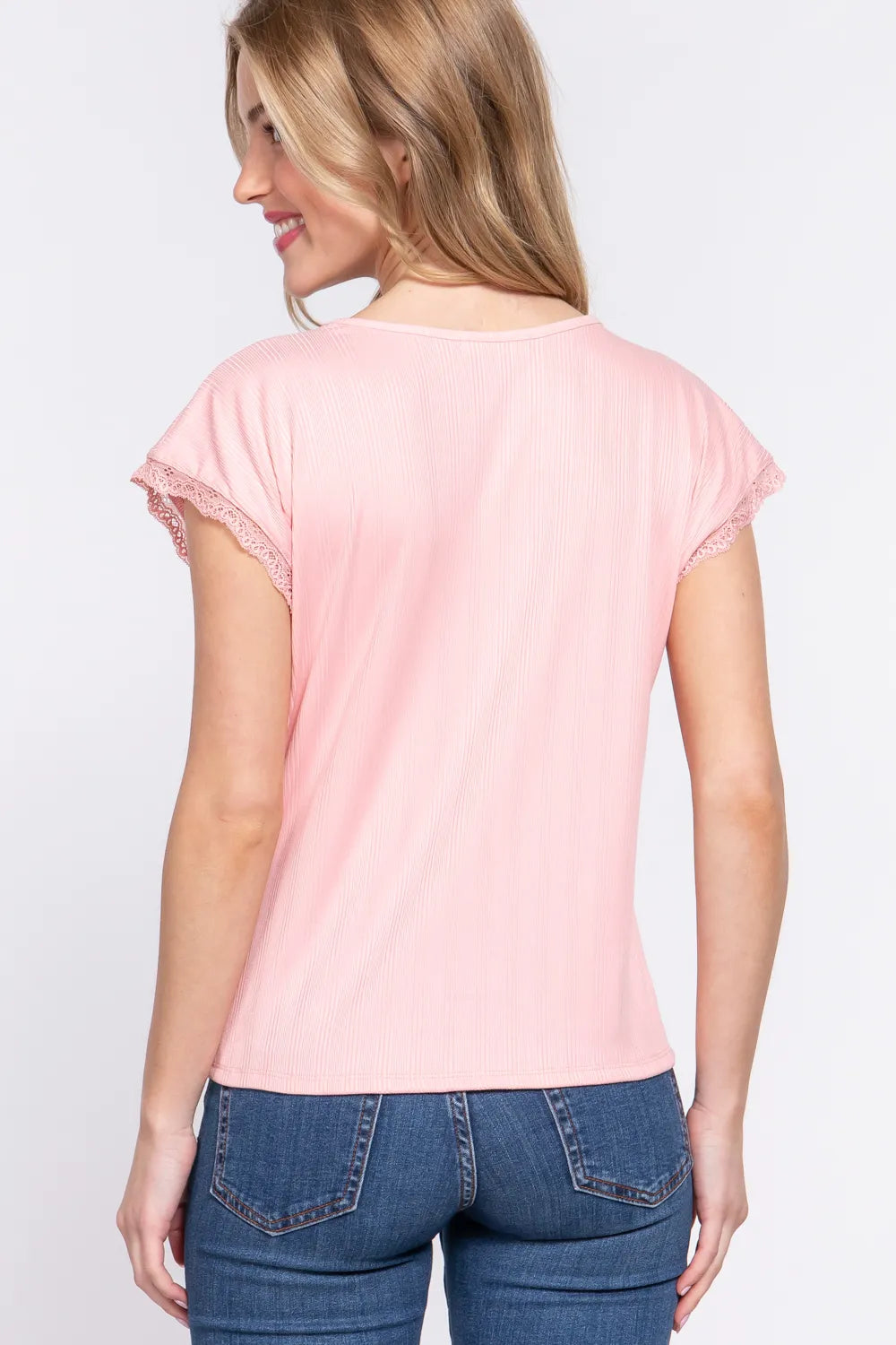 Trendsi ACTIVE BASIC Lace Trim V-Neck Short Sleeve Ribbed Top