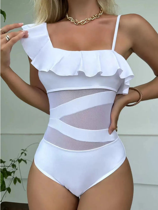 Asymmetrical Ruffled One-Piece Swimwear White Easy Apparels