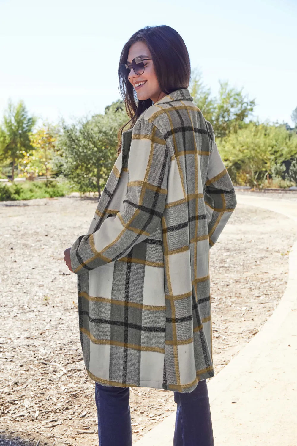 Double Take Full Size Plaid Button Up Lapel Collar Coat Easy Apparels
