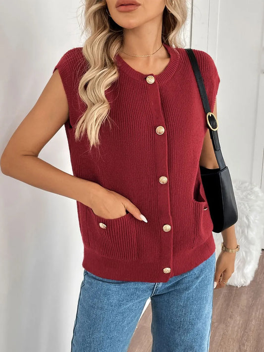 Perfee Pocketed Round Neck Cap Sleeve Cardigan Rust Easy Apparels