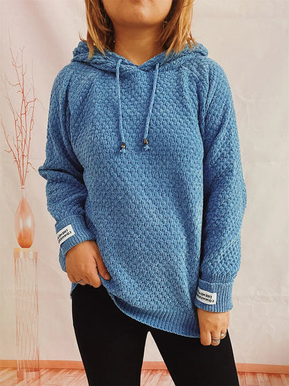 Drawstring Long Sleeve Hooded Sweater Sky Blue One Size Easy Apparels