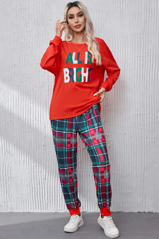ALL IS BRIGHT Round Neck Top and Plaid Pants Lounge Set Red Easy Apparels