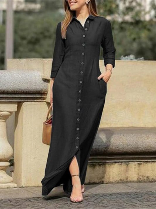 Full Size Button-Down Maxi Denim Dress Plus Size Black Easy Apparels