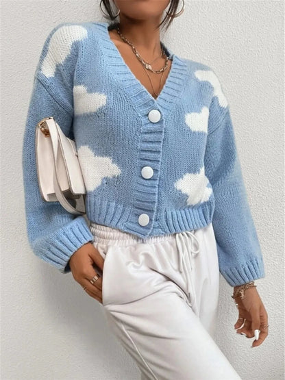 Contrast Cloud Pattern Cropped Button-Up Cardigan Easy Apparels