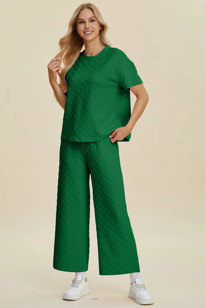 Double Take Full Size Texture Round Neck Short Sleeve Top and Pants Set Easy Apparels