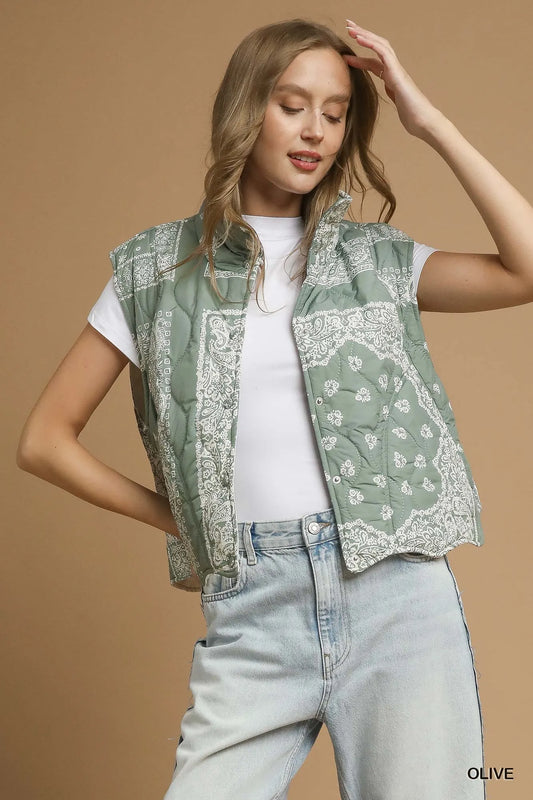 Umgee Bandana Print Quilted Puffer Vest Olive Easy Apparels